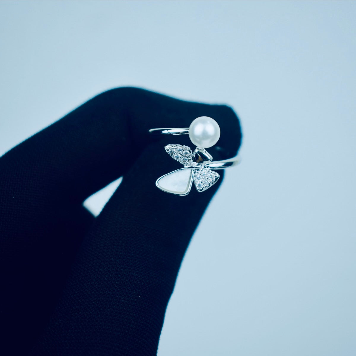 Graceful Butterfly With Pearl Adjustable Ring