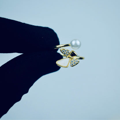 Graceful Butterfly With Pearl Adjustable Ring