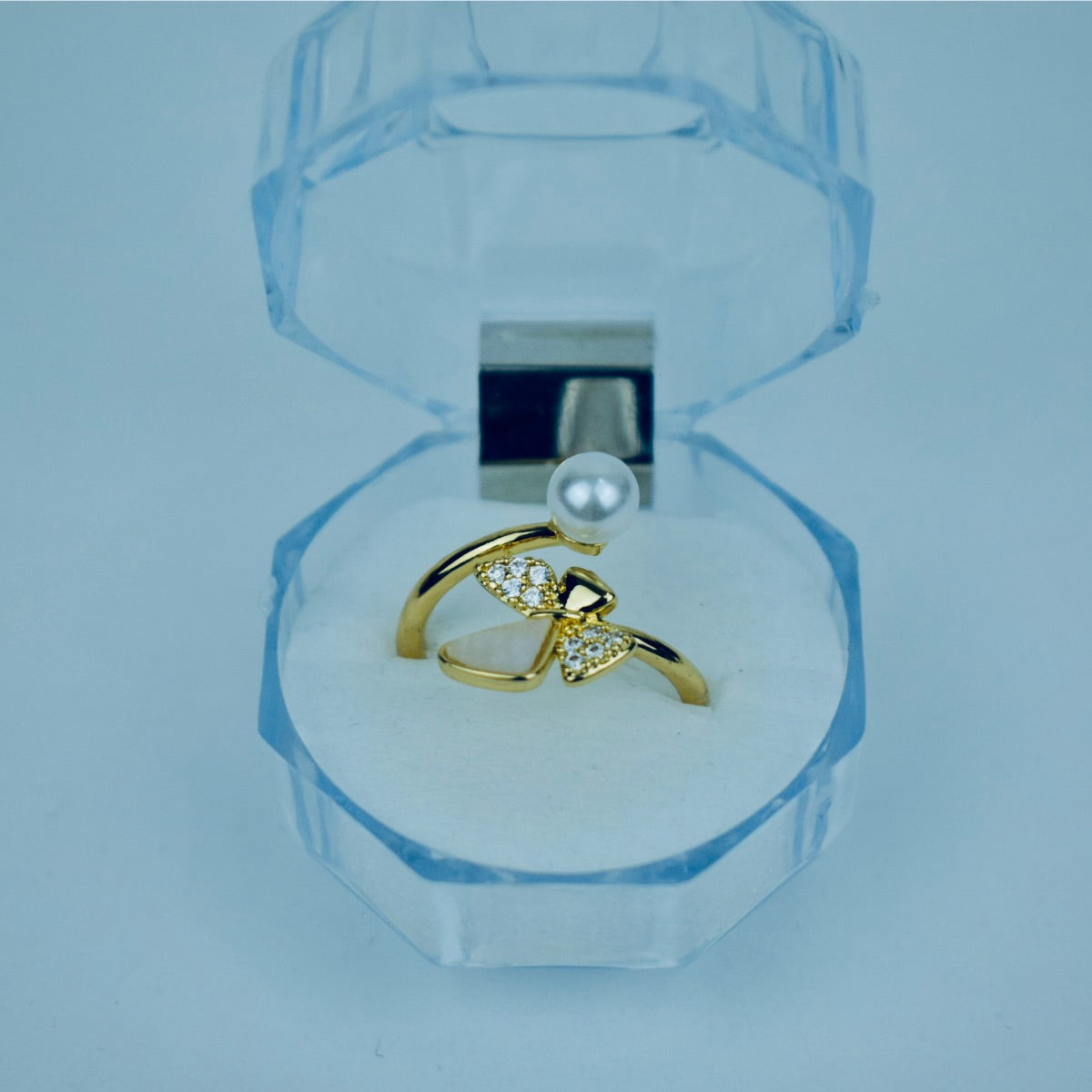 Graceful Butterfly With Pearl Adjustable Ring