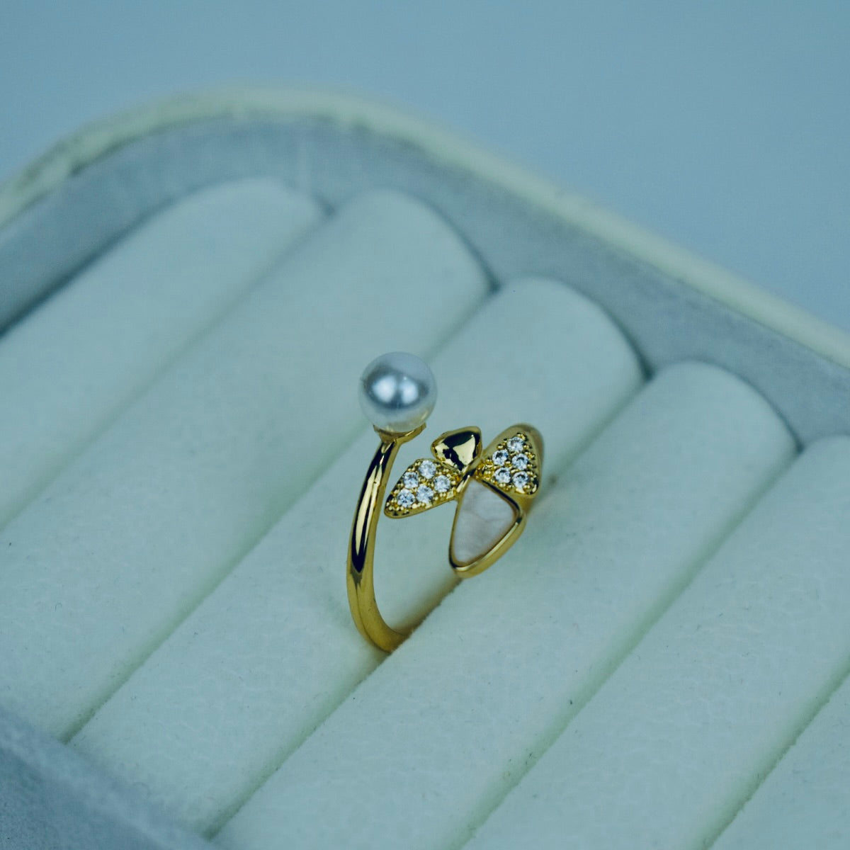 Graceful Butterfly With Pearl Adjustable Ring