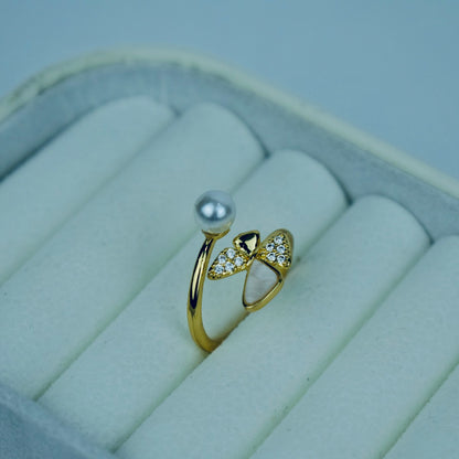 Graceful Butterfly With Pearl Adjustable Ring