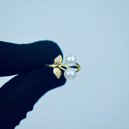 2 Pearls With Leaf Eligant Adjustable Ring