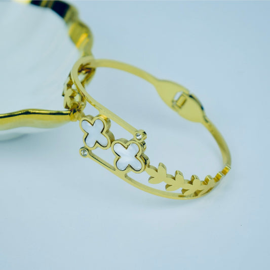Golden Stainless Steel Bangle White Floral Design & Stones
