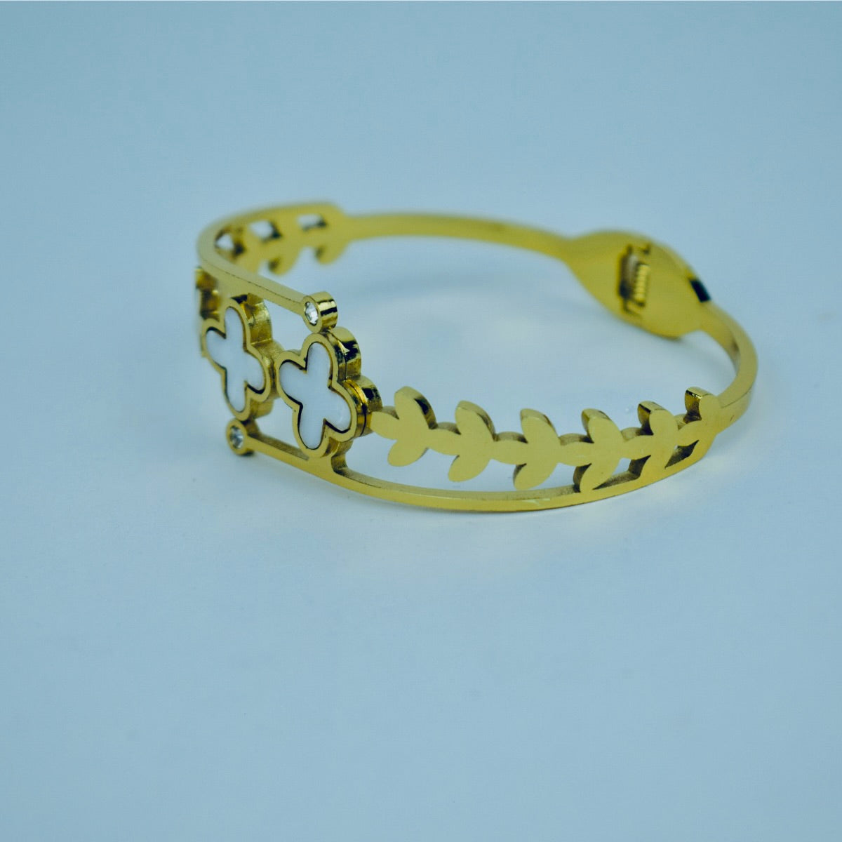 Golden Stainless Steel Bangle White Floral Design & Stones