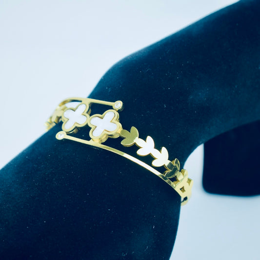 Golden Stainless Steel Bangle White Floral Design & Stones