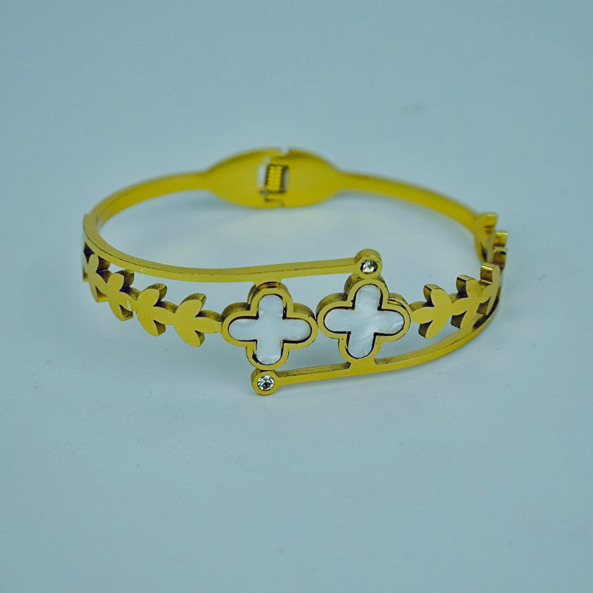 Golden Stainless Steel Bangle White Floral Design & Stones