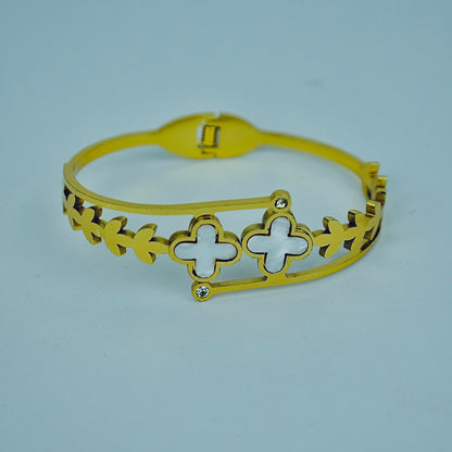 Golden Stainless Steel Bangle White Floral Design & Stones